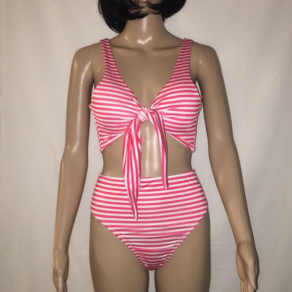 Sexy Striped High Waisted Bottom Knot Front Bikini - Picture 5 of 8